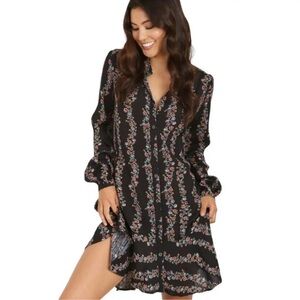 Free People Button Front High Low Shirt Dress Boho Blk Floral Mini Long Sleeve S